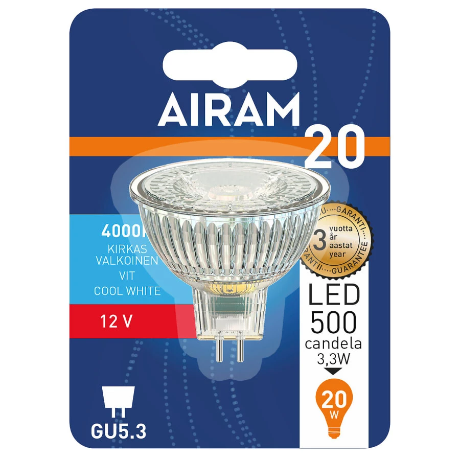 Airam GU5,3 MR16 12V 3,2W 4000K 270lm Led Kohdelamppu 3 Airam GU5,3 MR16 12V 3,2W 4000K 270lm Led Kohdelamppu