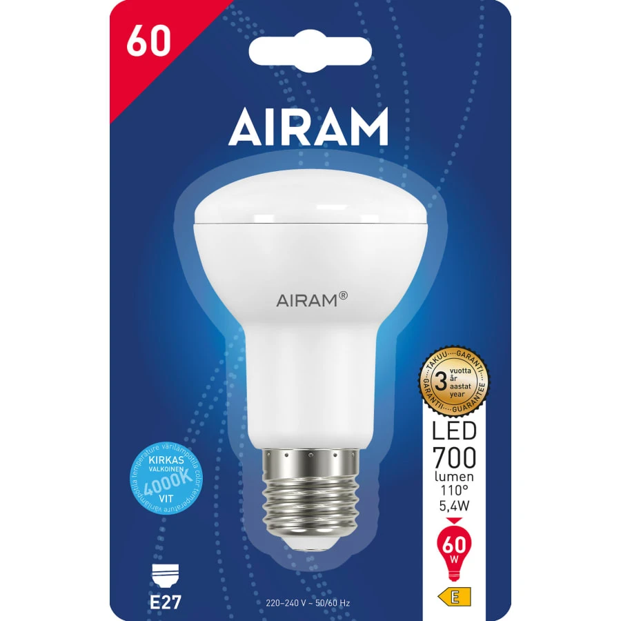 Airam E27 R63 5,4W 4000K 700lm/200cd Led Kohdelamppu 4 Airam E27 R63 5,4W 4000K 700lm/200cd Led Kohdelamppu - Image 2