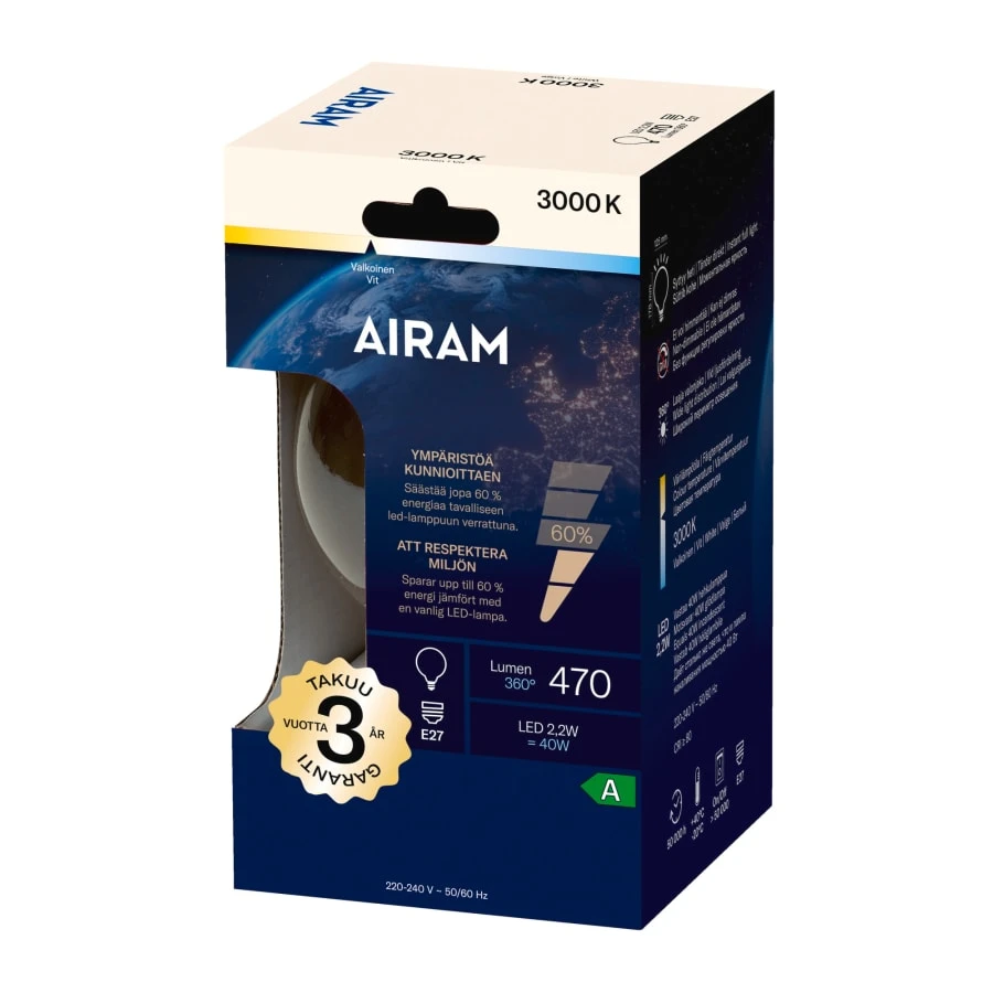 Airam A Globe-125 E27 2,2W 3000K 470lm Kirkas Led Lamppu 4 Airam A Globe-125 E27 2,2W 3000K 470lm Kirkas Led Lamppu - Image 2